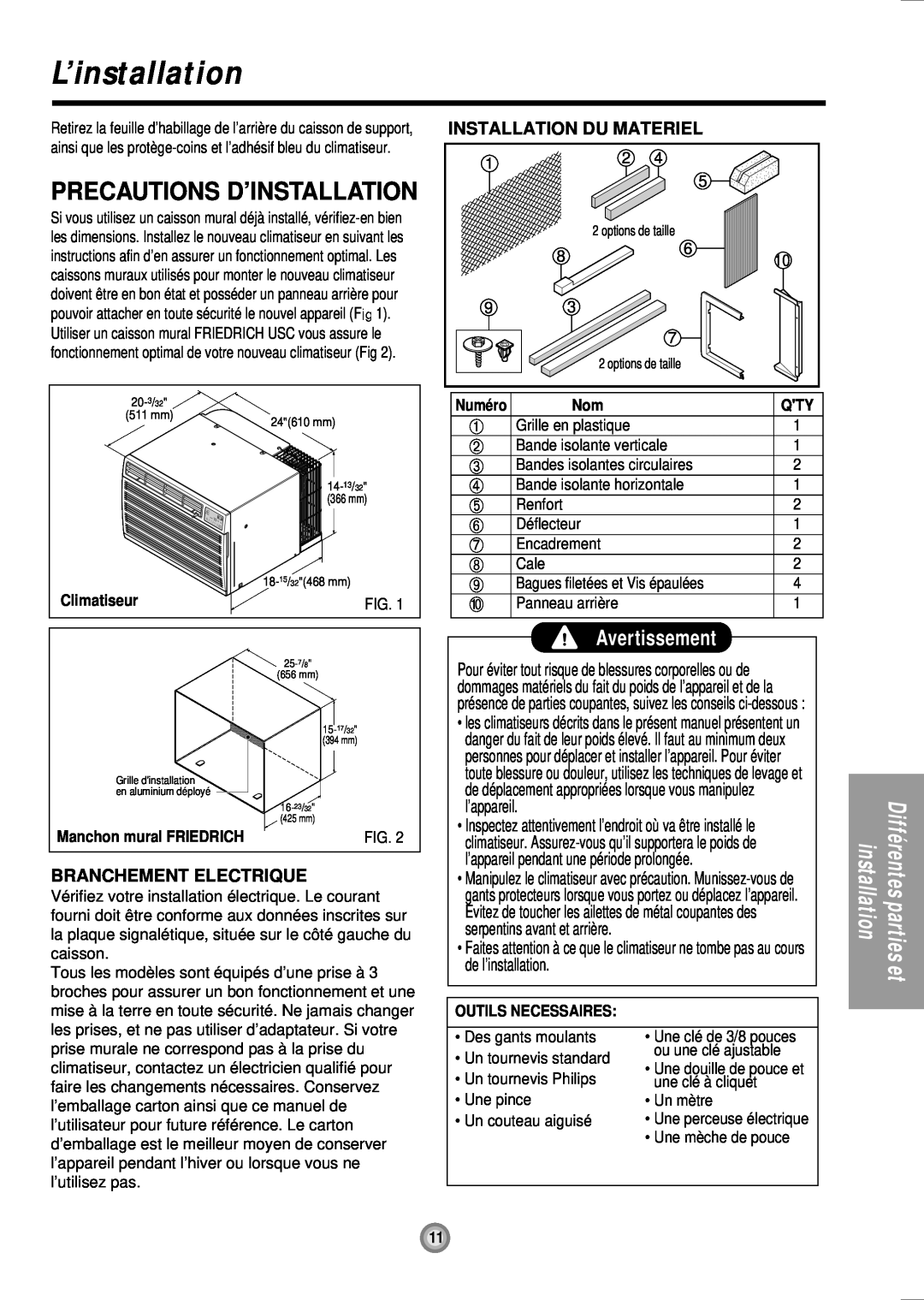 Friedrich US08, US10, US12 manual L’installation, Precautions D’Installation, Avertissement 