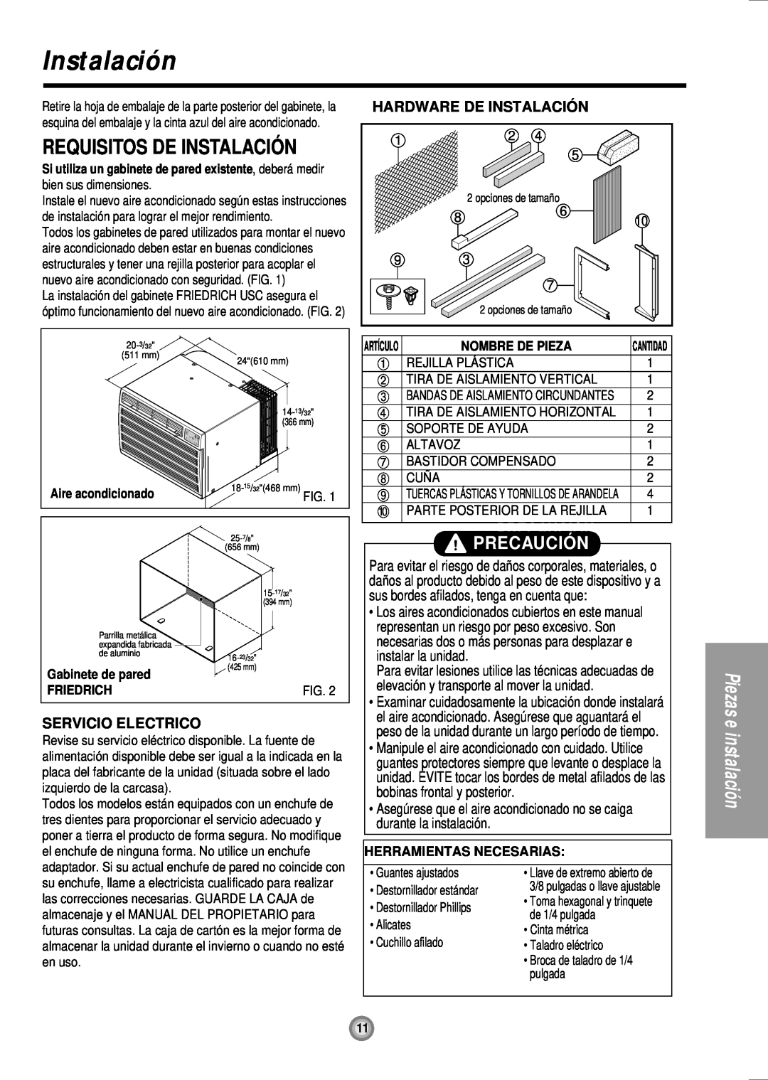 Friedrich US08, US10, US12 manual Instalación, Requisitos De Instalació N, Precaució N Precaució N 