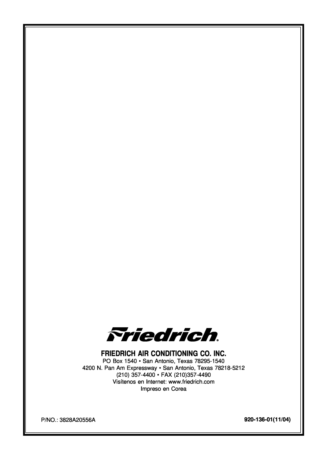 Friedrich US08, US10, US12 manual Friedrich Air Conditioning Co. Inc 