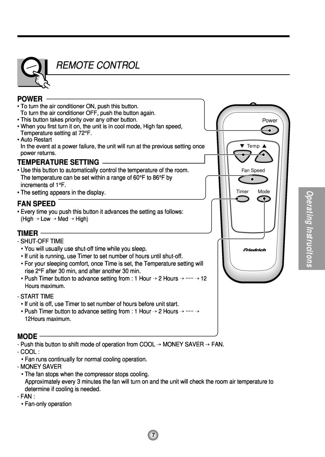 Friedrich US10, US12 manual Remote Control, Power, Temperature Setting, Fan Speed, Timer, Mode, Operating Instrucitons 