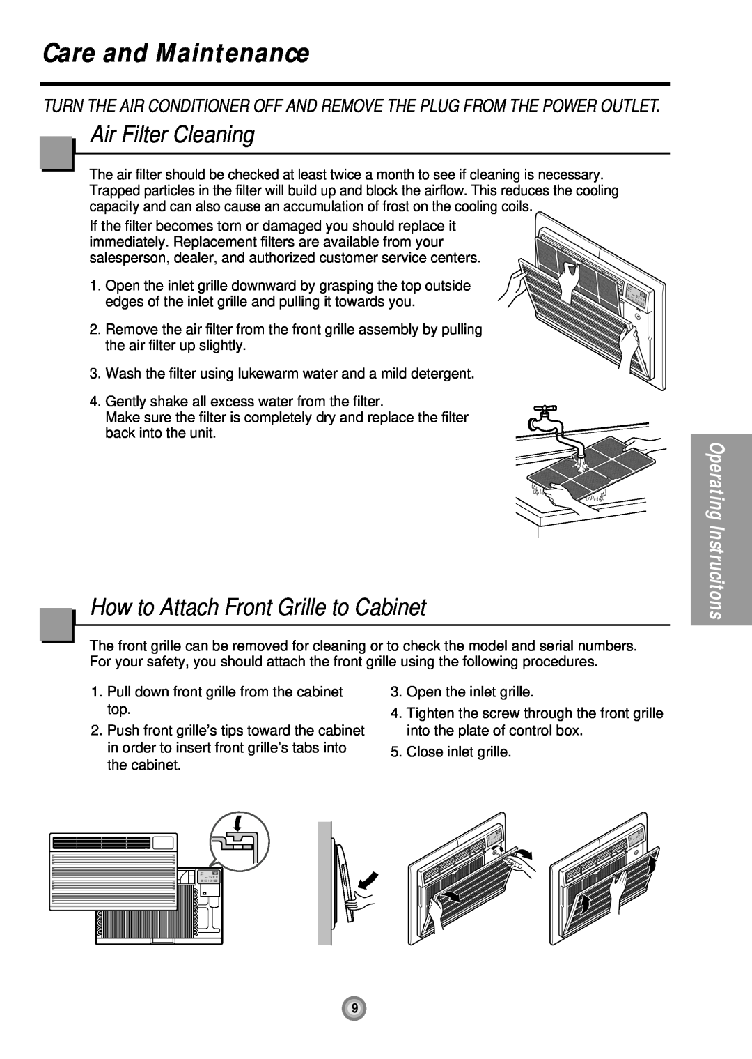 Friedrich US08, US10, US12 manual Care and Maintenance, Air Filter Cleaning, How to Attach Front Grille to Cabinet 
