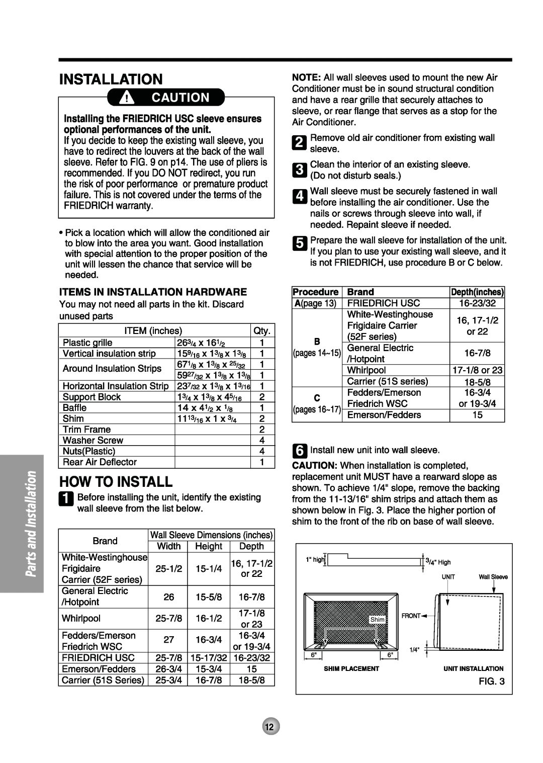 Friedrich US08, US14 manual 