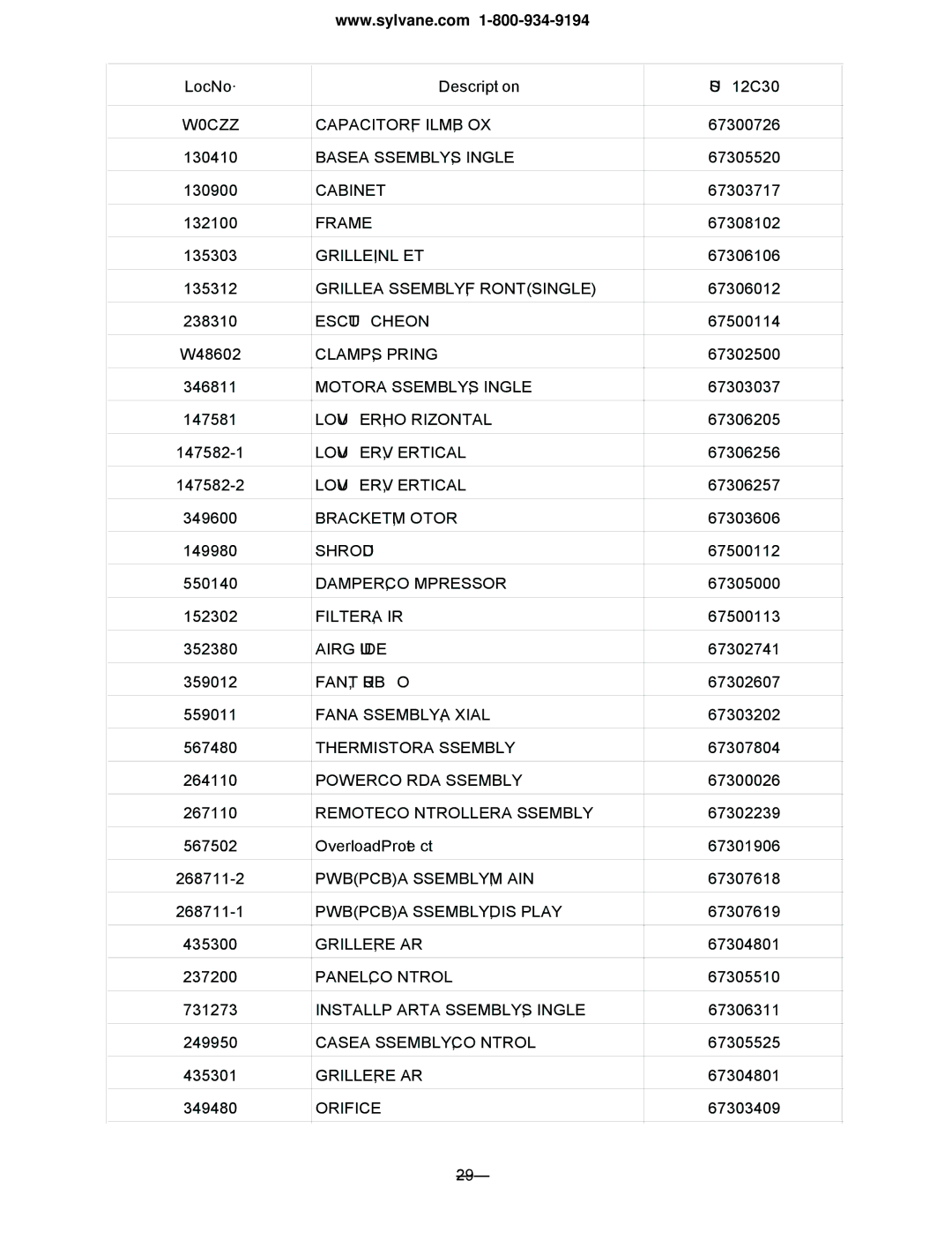 Friedrich US08C10, US12C10, US14C30, US10C30, US10C10 manual LocNo· Description US12C30 