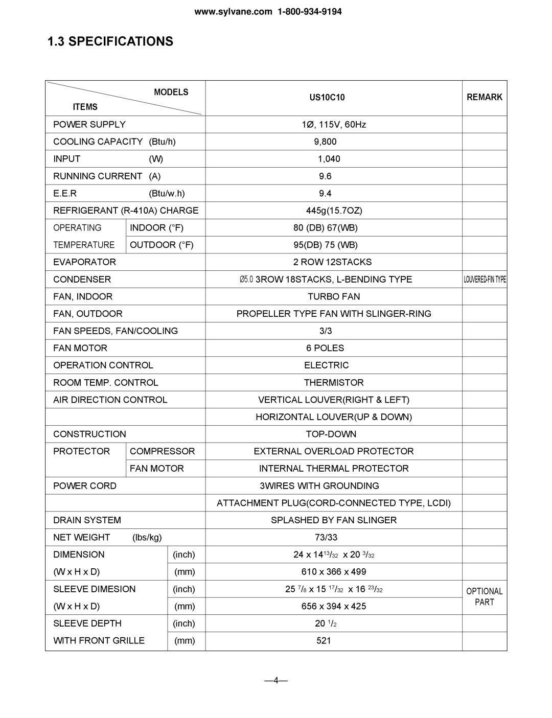 Friedrich US10C10, US12C30, US12C10, US14C30, US10C30, US08C10 manual Refrigerant R-410A Charge 