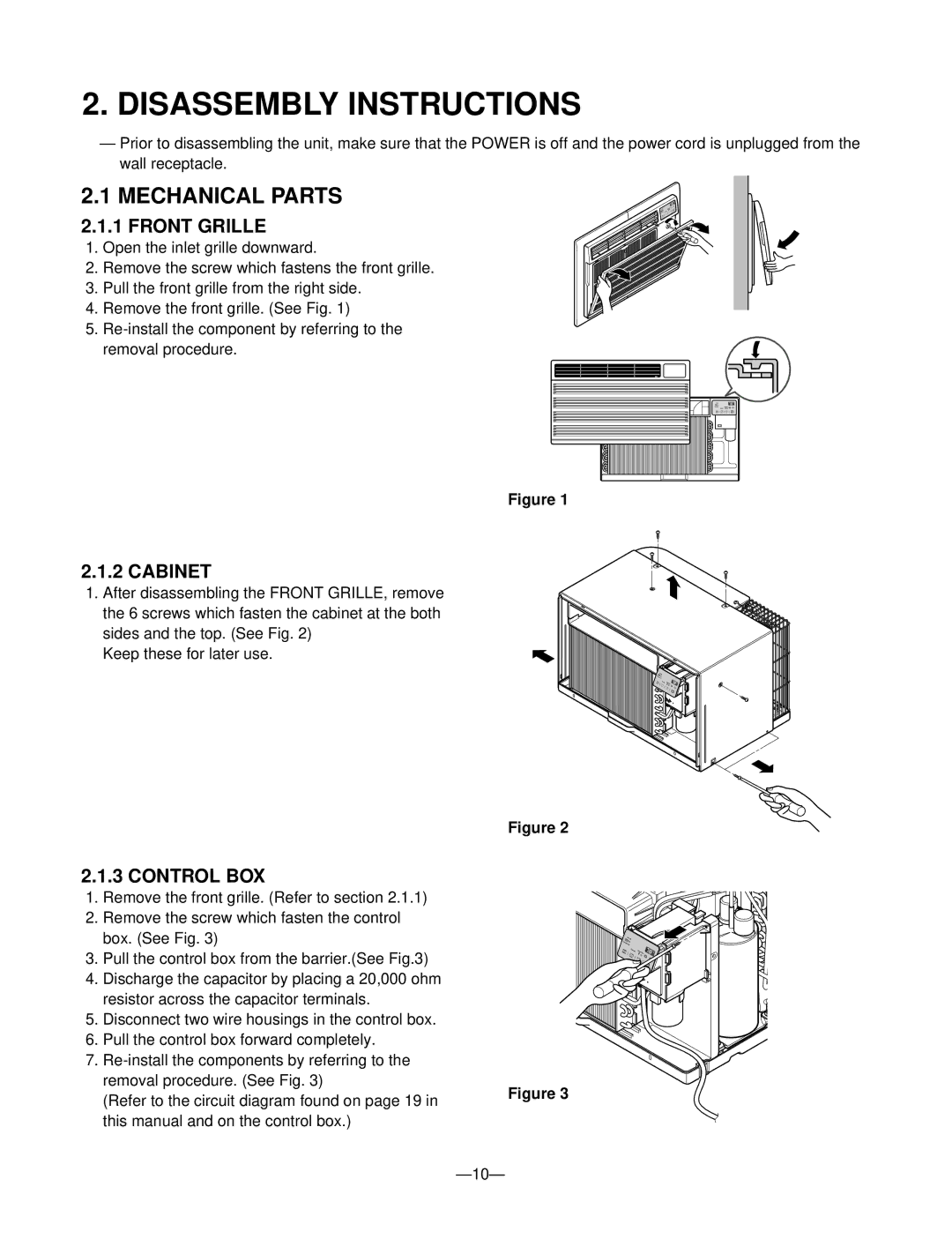 Friedrich US10C10, US12C30, US12C10, US14C30, US10C30, US08C10 manual Mechanical Parts, Front Grille, Cabinet, Control BOX 