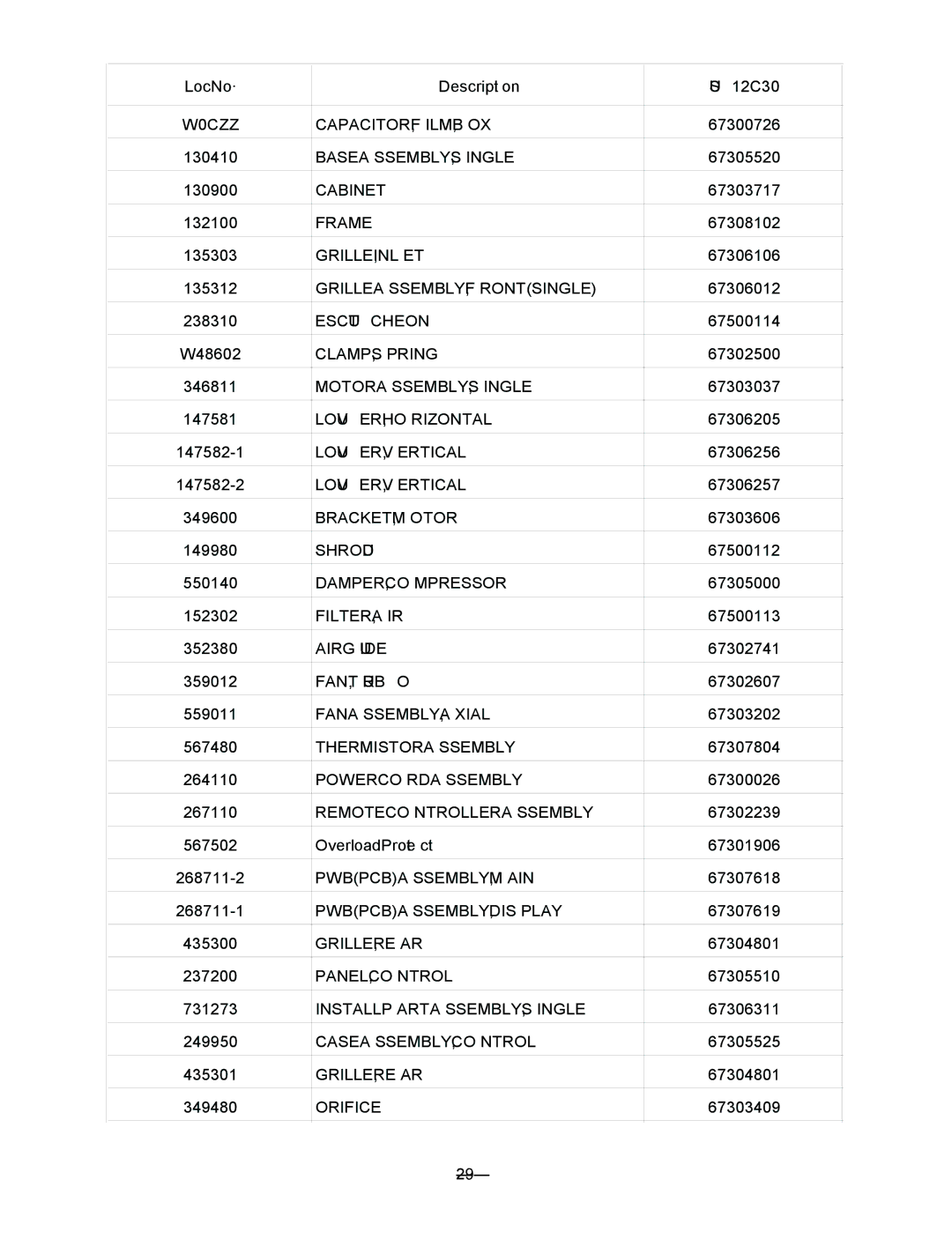 Friedrich US08C10, US12C10, US14C30, US10C30, US10C10 manual LocNo· Description US12C30 