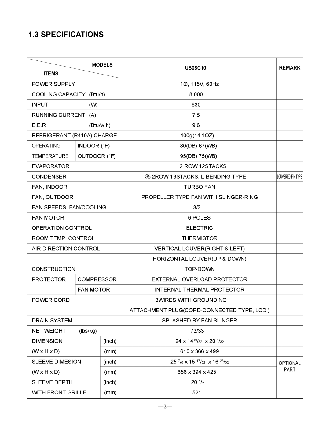 Friedrich US10C30, US12C30, US12C10, US14C30, US10C10, US08C10 manual Specifications 