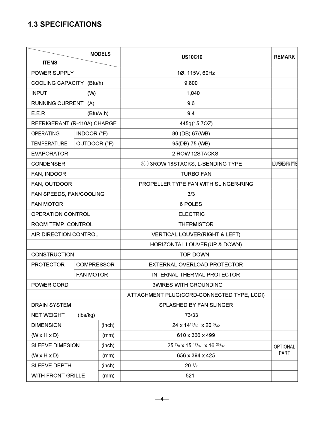 Friedrich US10C10, US12C30, US12C10, US14C30, US10C30, US08C10 manual Refrigerant R-410A Charge 