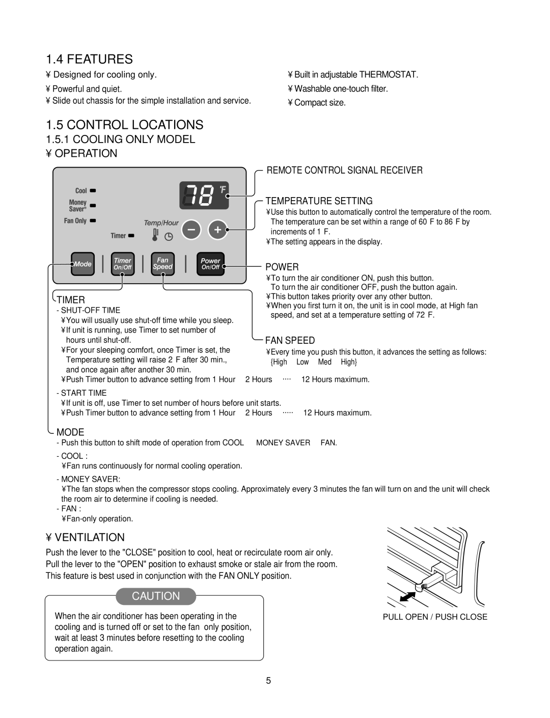 Friedrich US14B30A, US12B10A, US08B10A, US10B30A manual Features, Control Locations, Cooling only Model Operation, Ventilation 