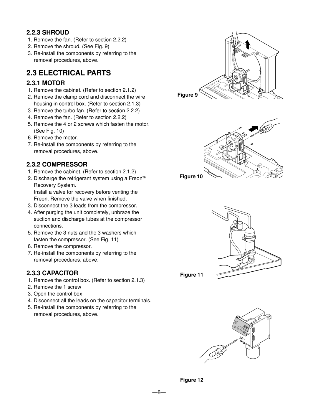 Friedrich US10B30A, US14B30A, US12B10A, US08B10A, US10B10A manual Electrical Parts, Compressor, Capacitor 