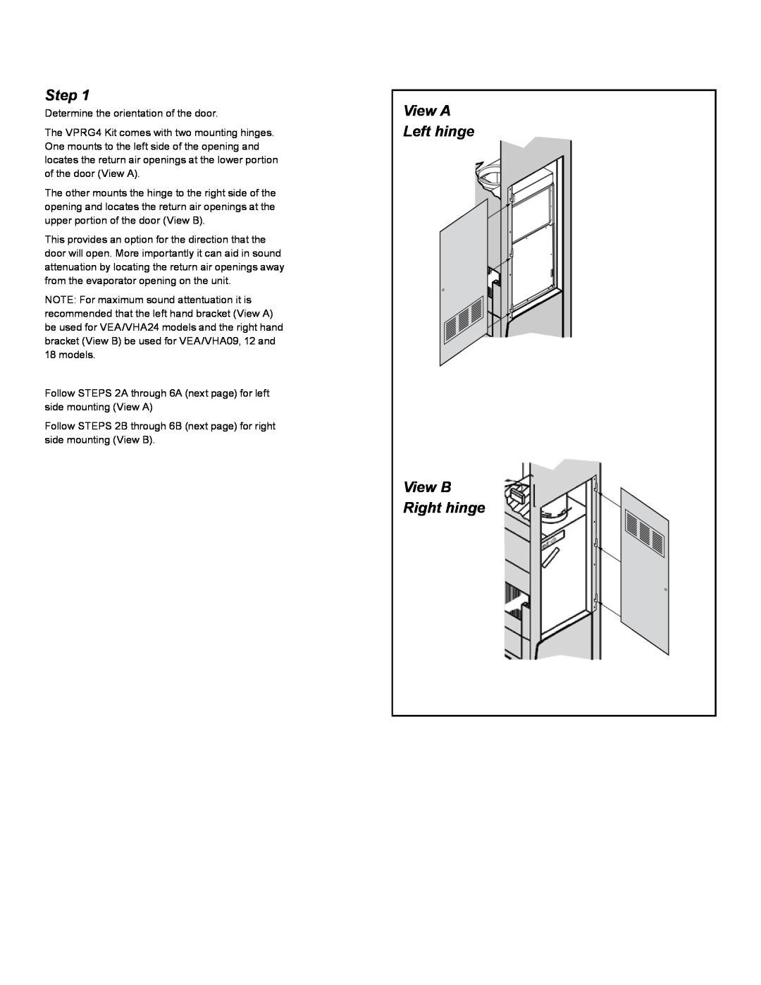 Friedrich VPRG4 installation instructions Step, View A Left hinge View B Right hinge 