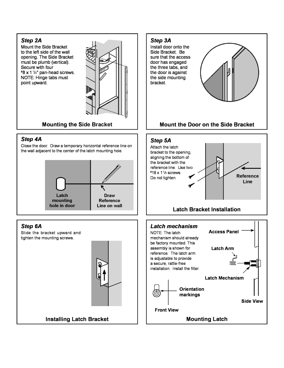 Friedrich VPRG4 A, Mounting the Side Bracket, Mount the Door on the Side Bracket, Latch Bracket Installation, Line 