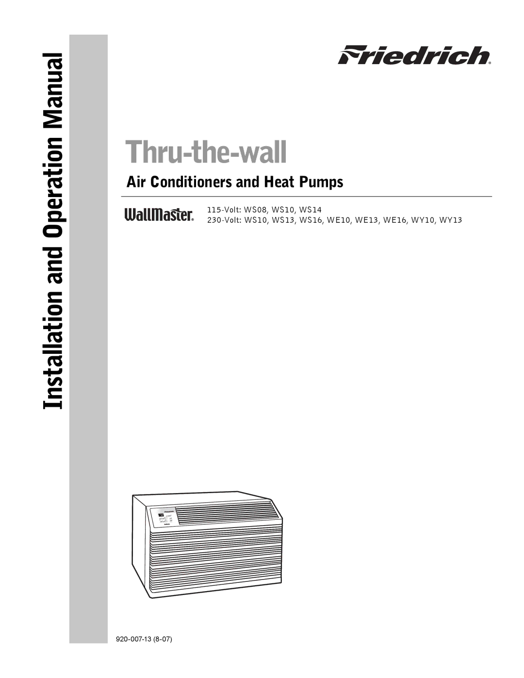 Friedrich WE16, WE13, WE10, WS08, WS16, WS14, WY13, WY10, WS10, WS13 operation manual Thru-the-wall 