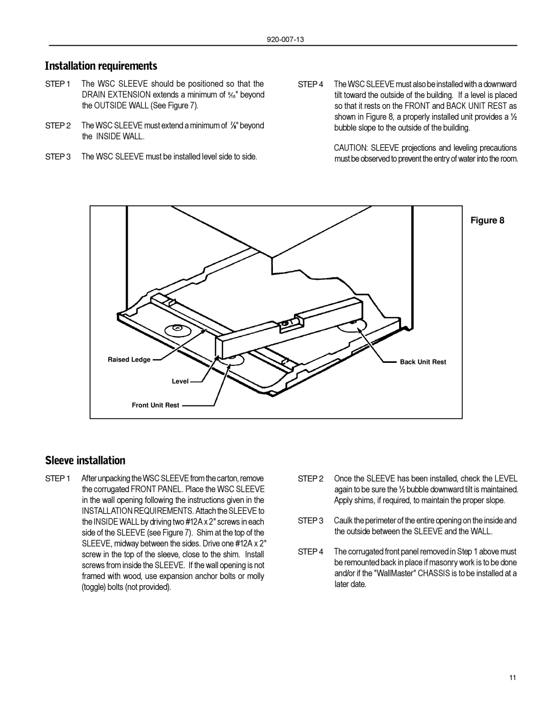 Friedrich WE16, WE13, WE10, WS08, WS16, WS14, WY13, WY10, WS10, WS13 operation manual Installation requirements, Sleeve installation 