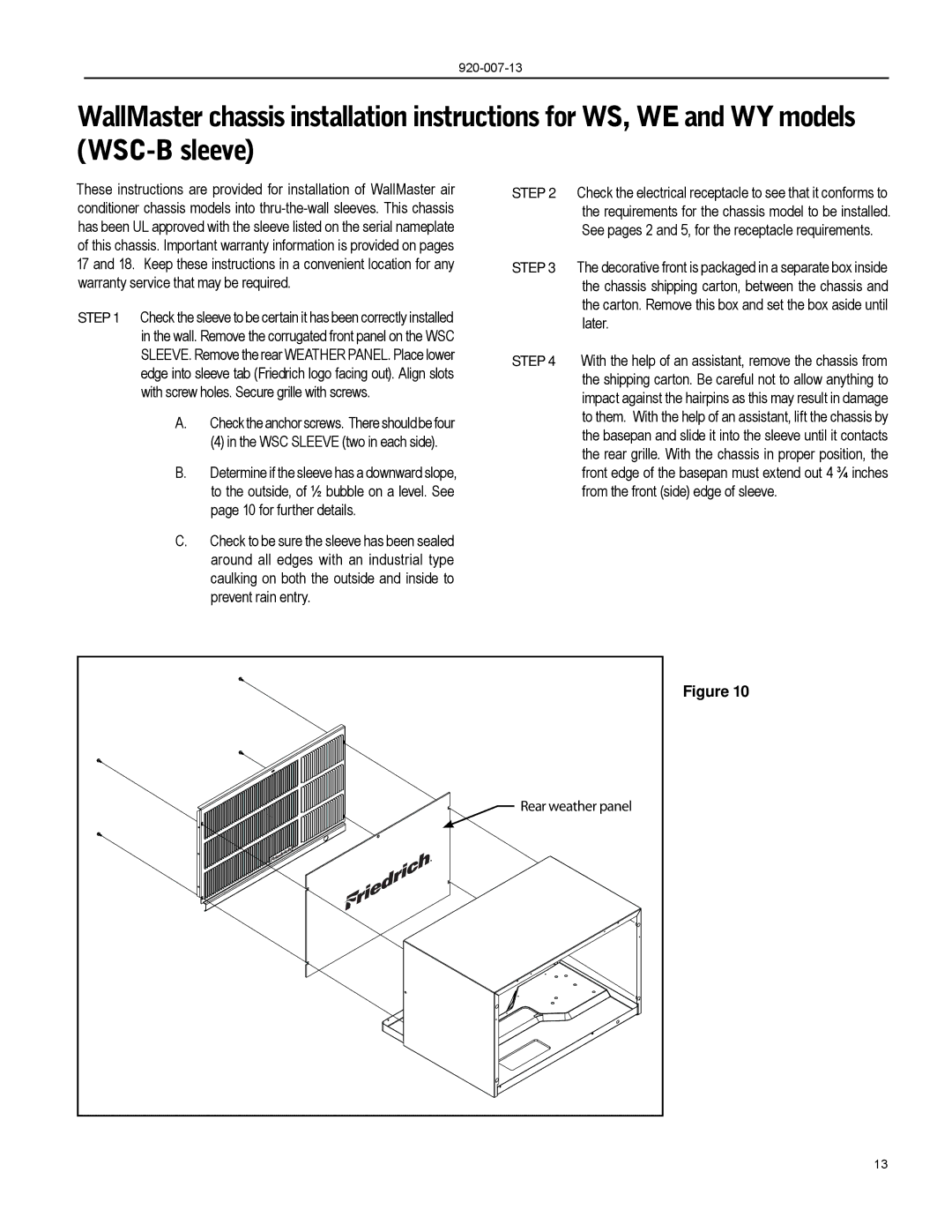 Friedrich WS08, WE13, WE16, WE10, WS16, WS14, WY13, WY10, WS10, WS13 operation manual 920-007-13 