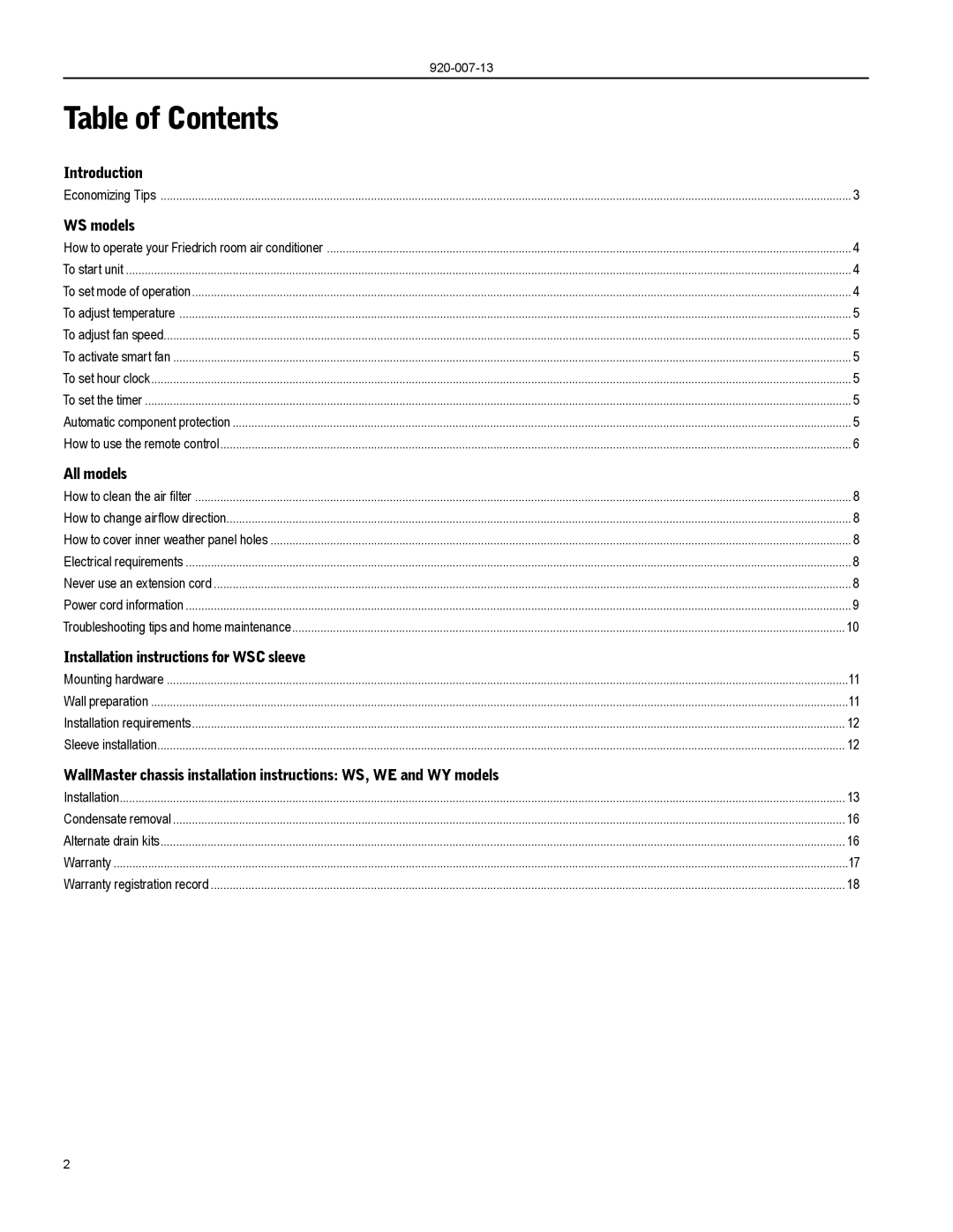 Friedrich WE10, WE13, WE16, WS08, WS16, WS14, WY13, WY10, WS10, WS13 operation manual Table of Contents 