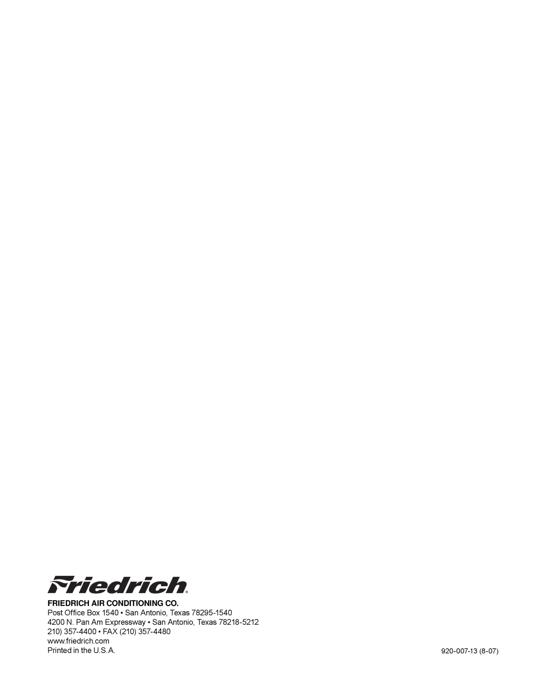 Friedrich WE13, WE16, WE10, WS08, WS16, WS14, WY13, WY10, WS10, WS13 operation manual Friedrich AIR Conditioning CO 