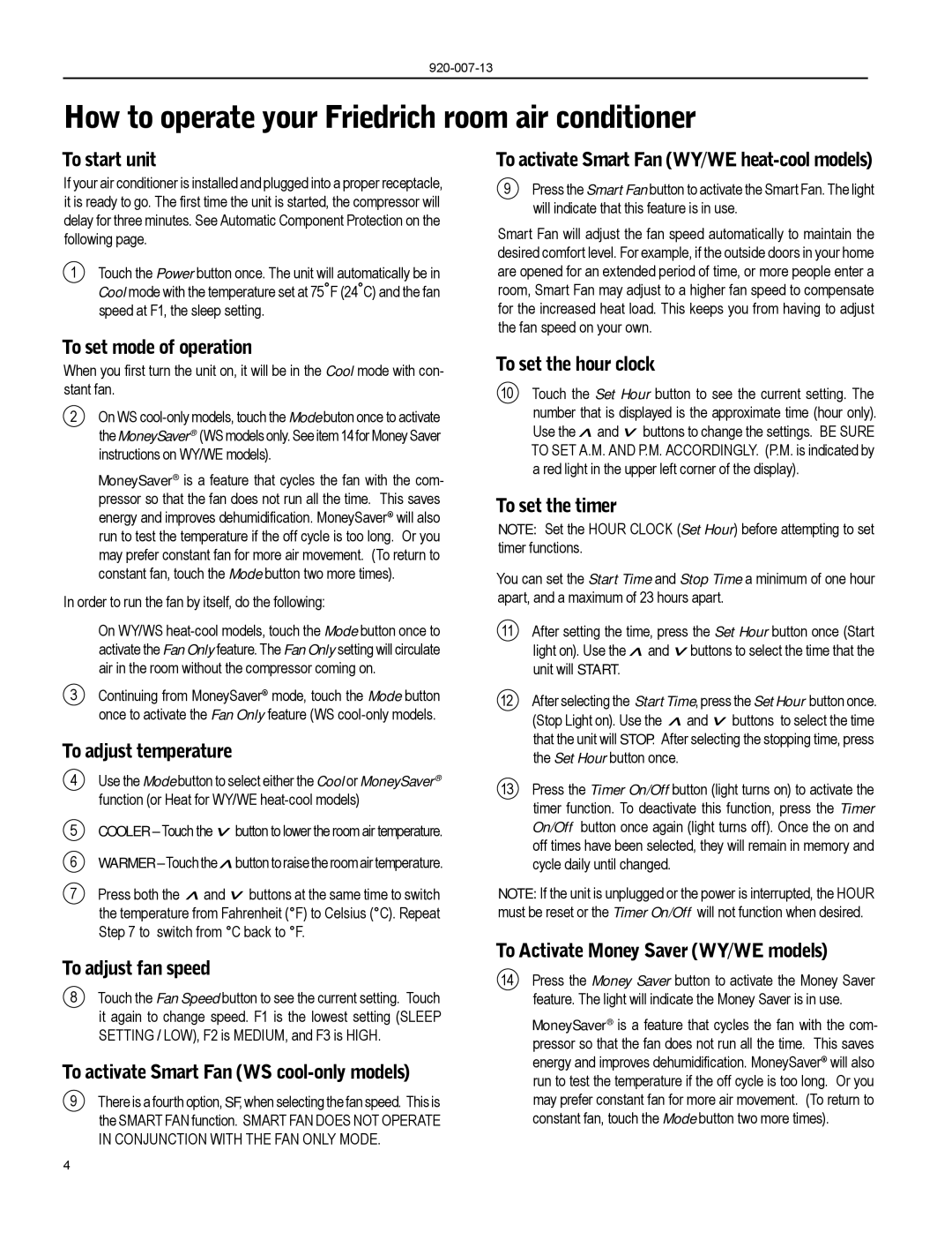 Friedrich WS16, WE13, WE16, WE10, WS08, WS14, WY13, WY10, WS10, WS13 How to operate your Friedrich room air conditioner 