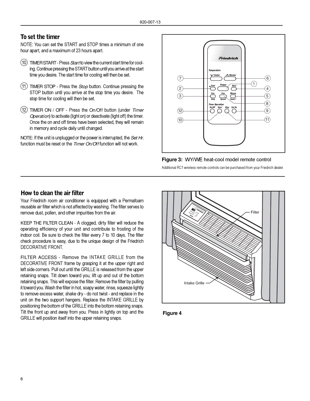 Friedrich WY13, WE13, WE16, WE10, WS08, WS16, WS14, WY10, WS10, WS13 operation manual How to clean the air filter, Decorative Front 