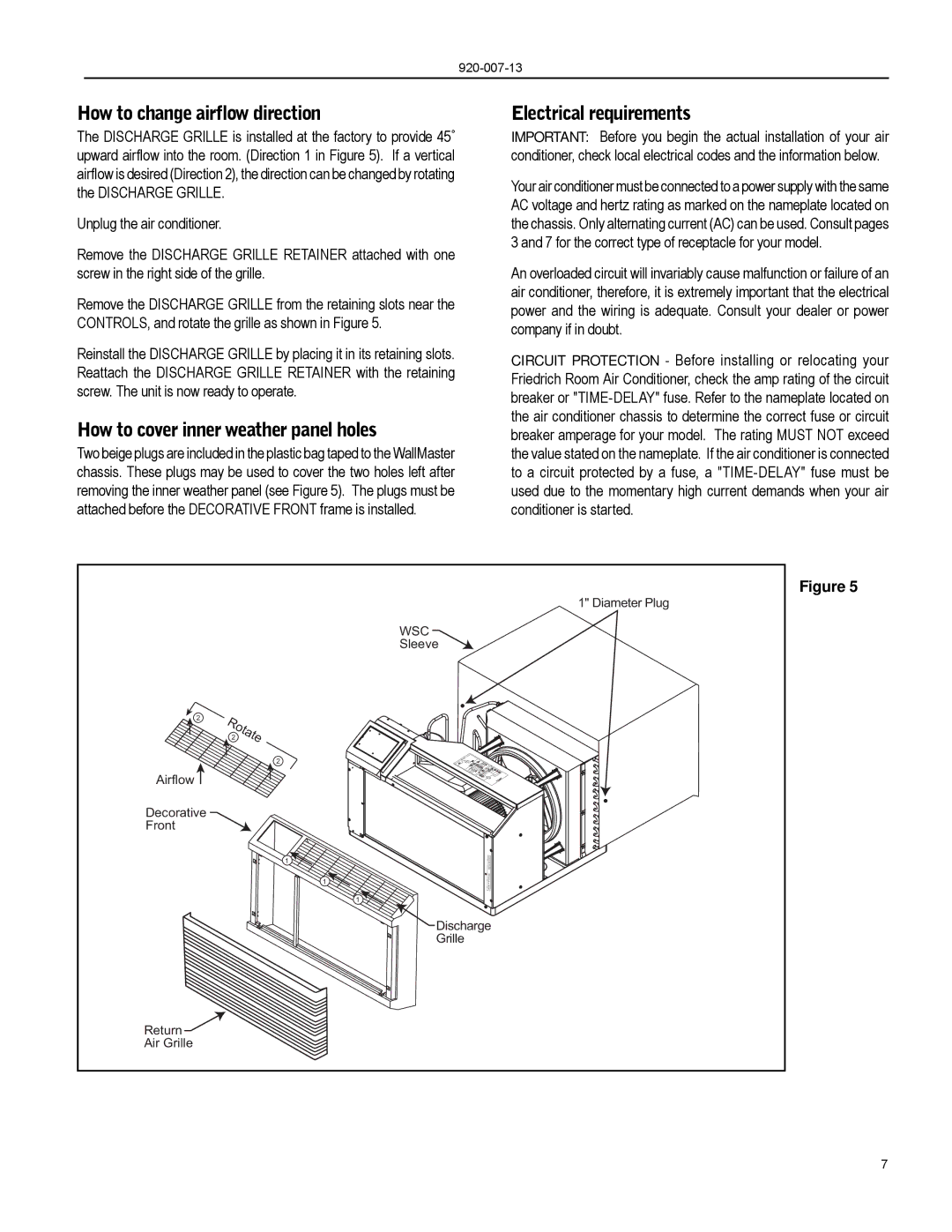 Friedrich WY10, WE13, WE16 How to change airflow direction, How to cover inner weather panel holes, Electrical requirements 