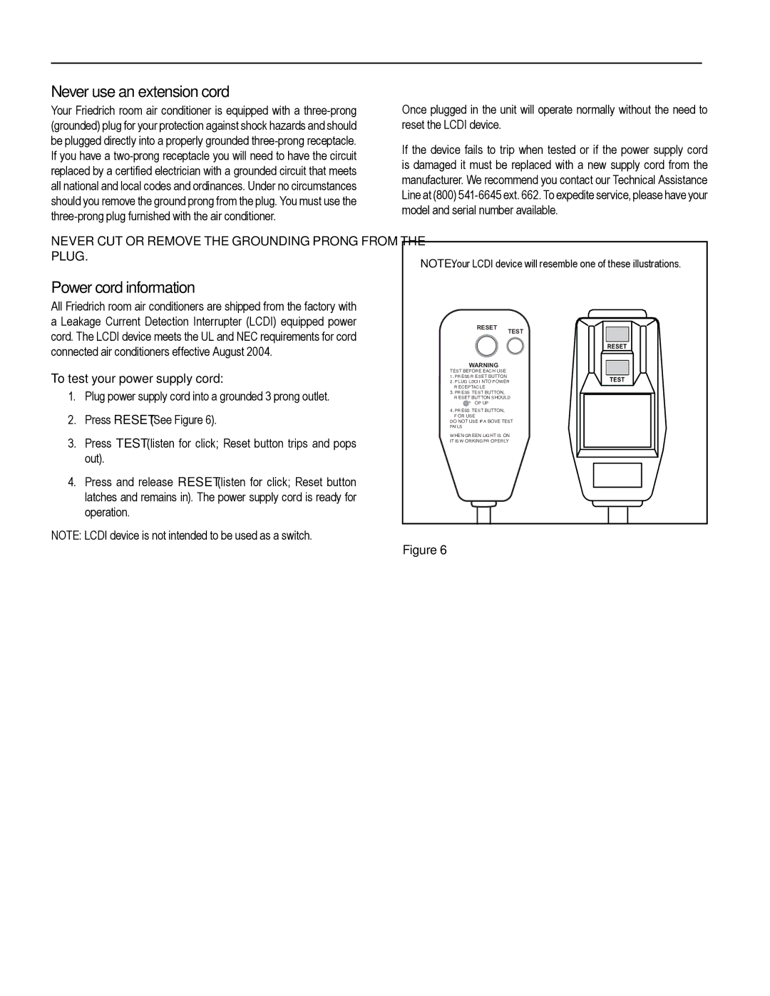 Friedrich WS10, WE13, WE16, WE10, WS08, WS16, WS14, WY13, WY10, WS13 Never use an extension cord, Power cord information 