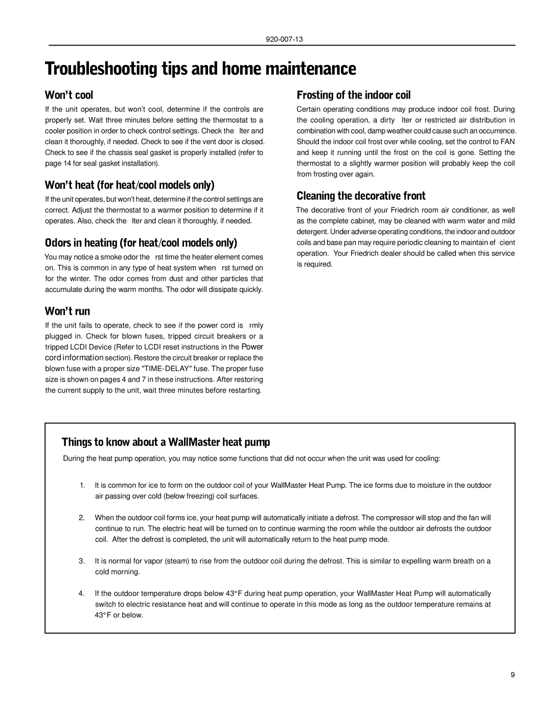 Friedrich WS13, WE13, WE16, WE10, WS08, WS16, WS14, WY13, WY10, WS10 operation manual Troubleshooting tips and home maintenance 