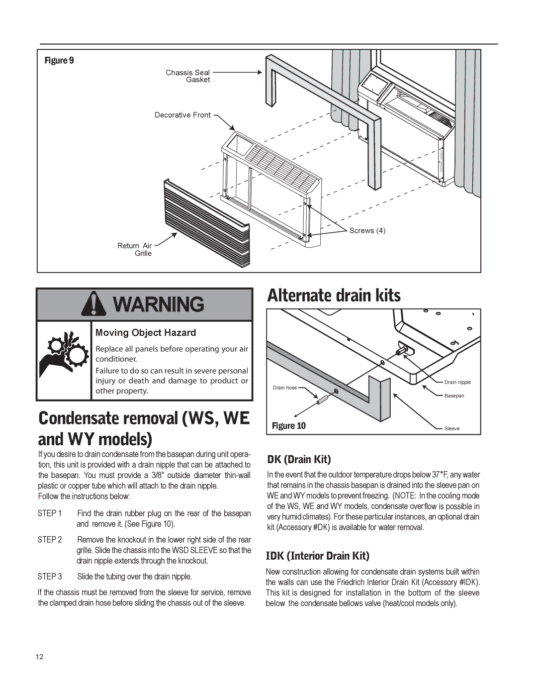 Friedrich WY09, WE15, WY12, WS15, WS12 operation manual Alternate drain kits, DK Drain Kit, IDK Interior Drain Kit 