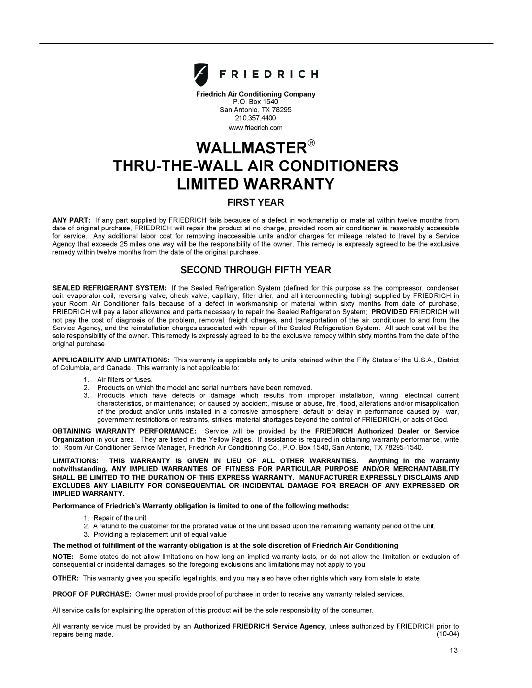 Friedrich WS15, WE15, WY12, WY09, WS12 operation manual Wallmaster THRU-THE-WALL AIR Conditioners Limited Warranty 