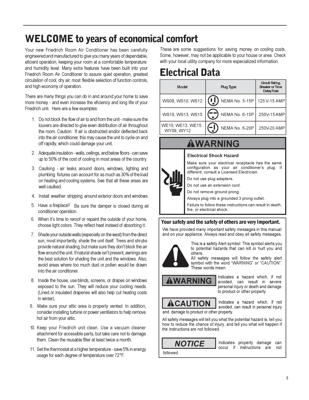 Friedrich WS15, WE15, WY12, WY09, WS12 operation manual Welcome to years of economical comfort, Electrical Data 