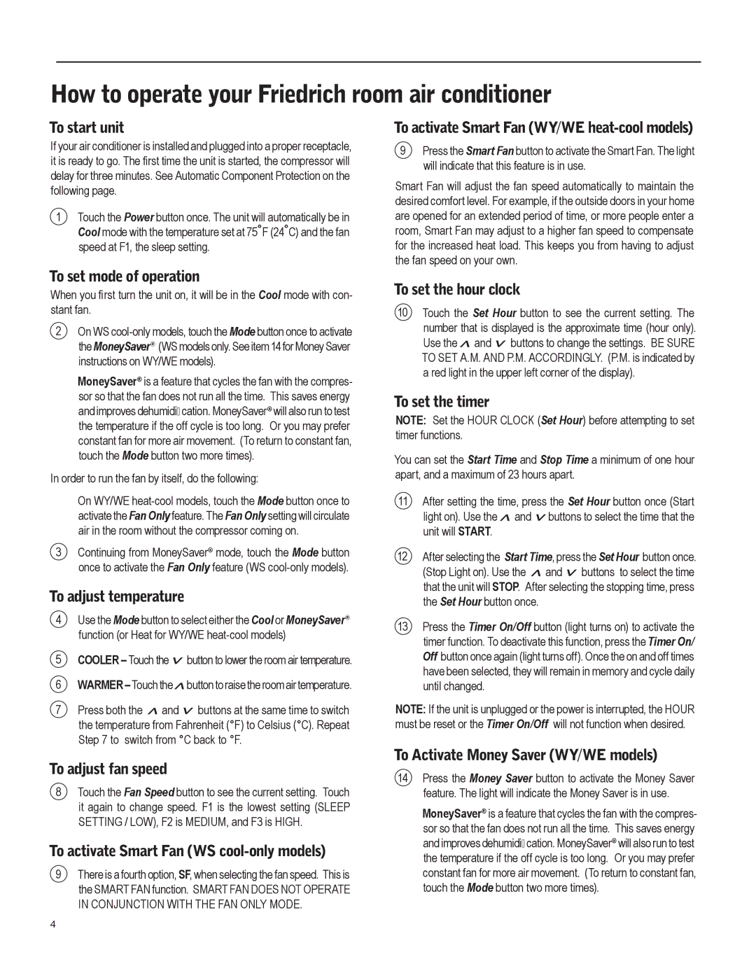 Friedrich WS12, WE15, WY12, WY09, WS15 operation manual How to operate your Friedrich room air conditioner 