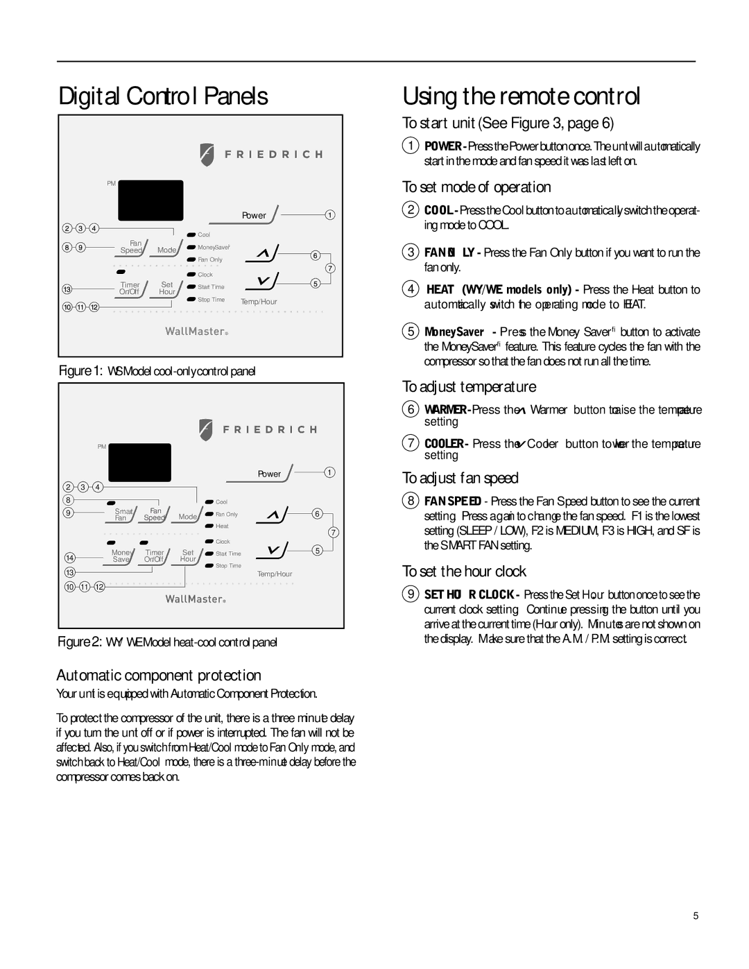 Friedrich WE15, WY12 Digital Control Panels, Using the remote control, To start unit See, Automatic component protection 