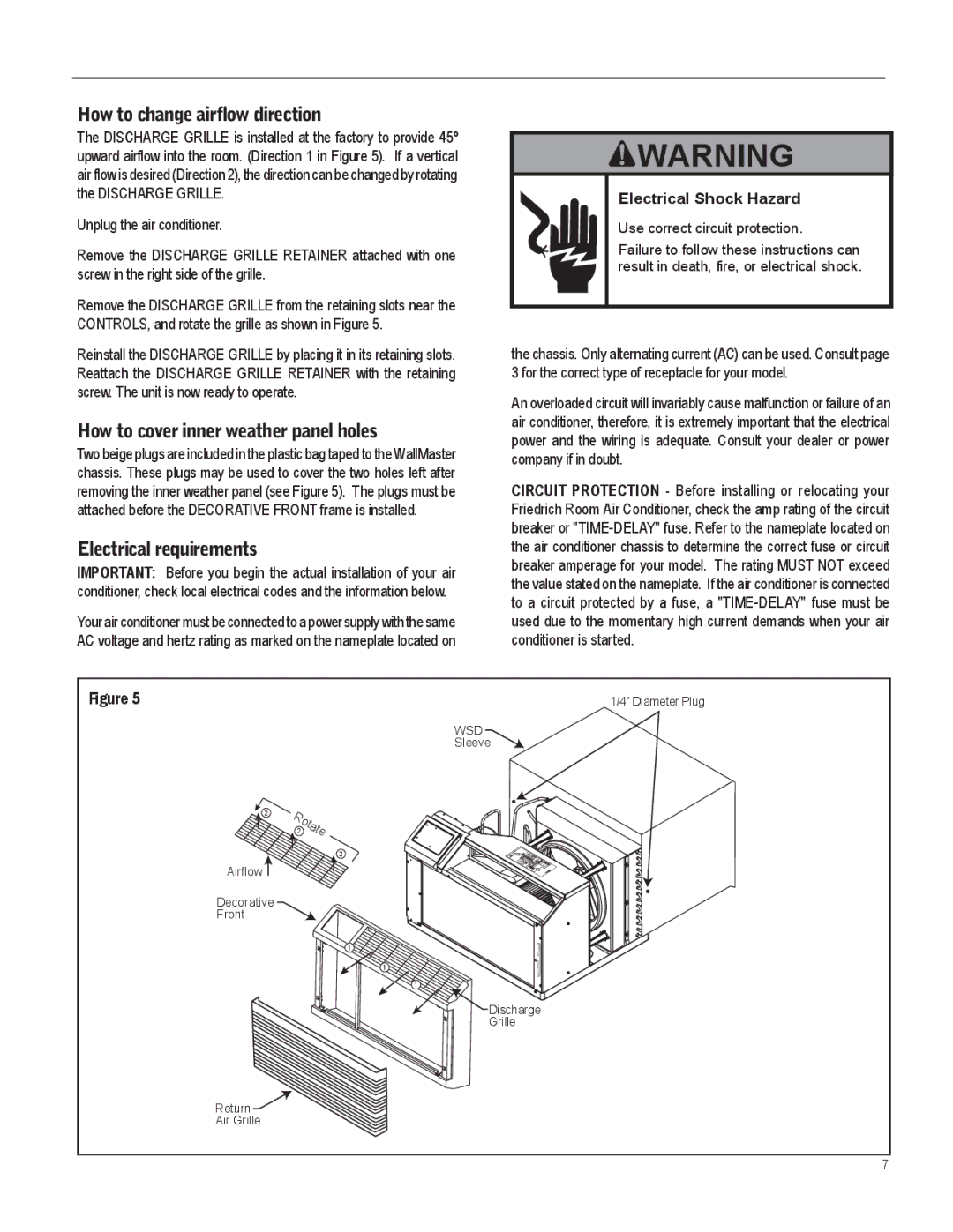 Friedrich WY09, WE15, WY12 How to change airﬂow direction, How to cover inner weather panel holes, Electrical requirements 