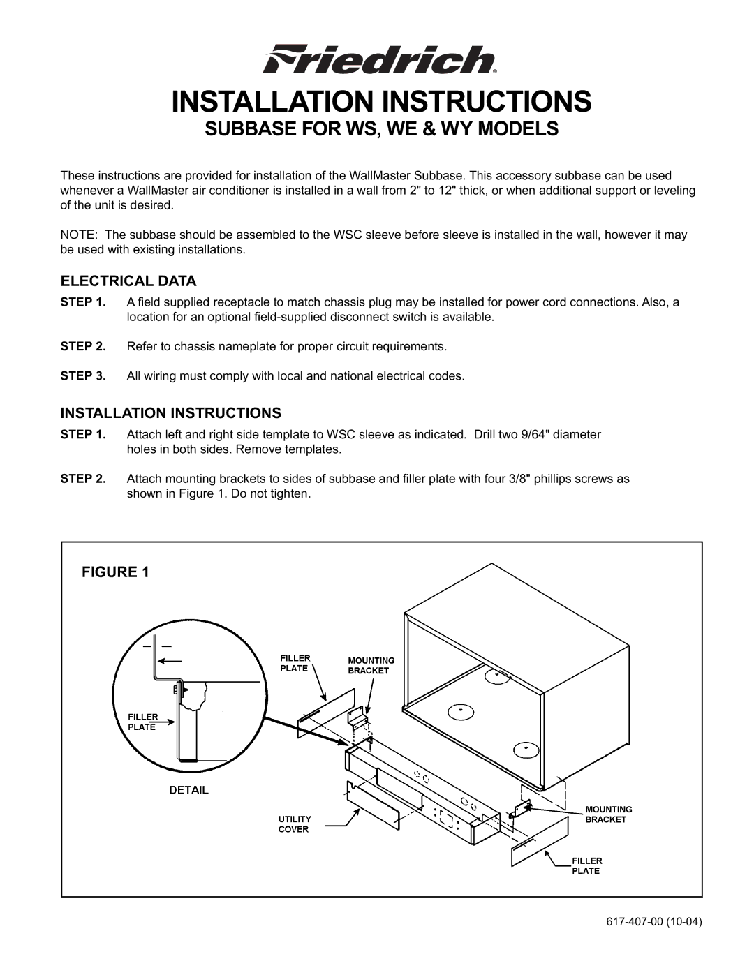 Friedrich installation instructions Installation Instructions, Subbase for WS, WE & WY Models, Electrical Data 