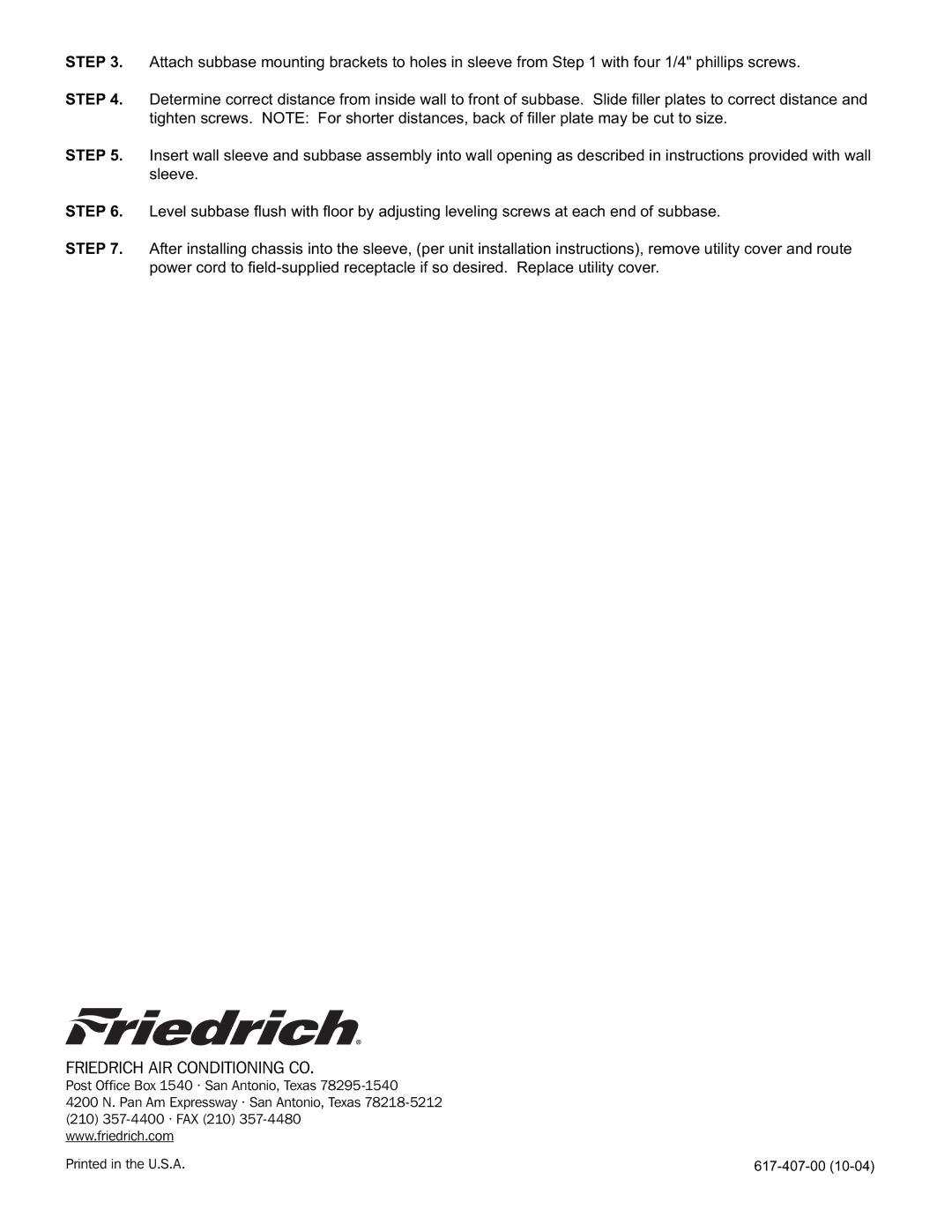 Friedrich WY, WS, WE installation instructions Friedrich AIR Conditioning CO 