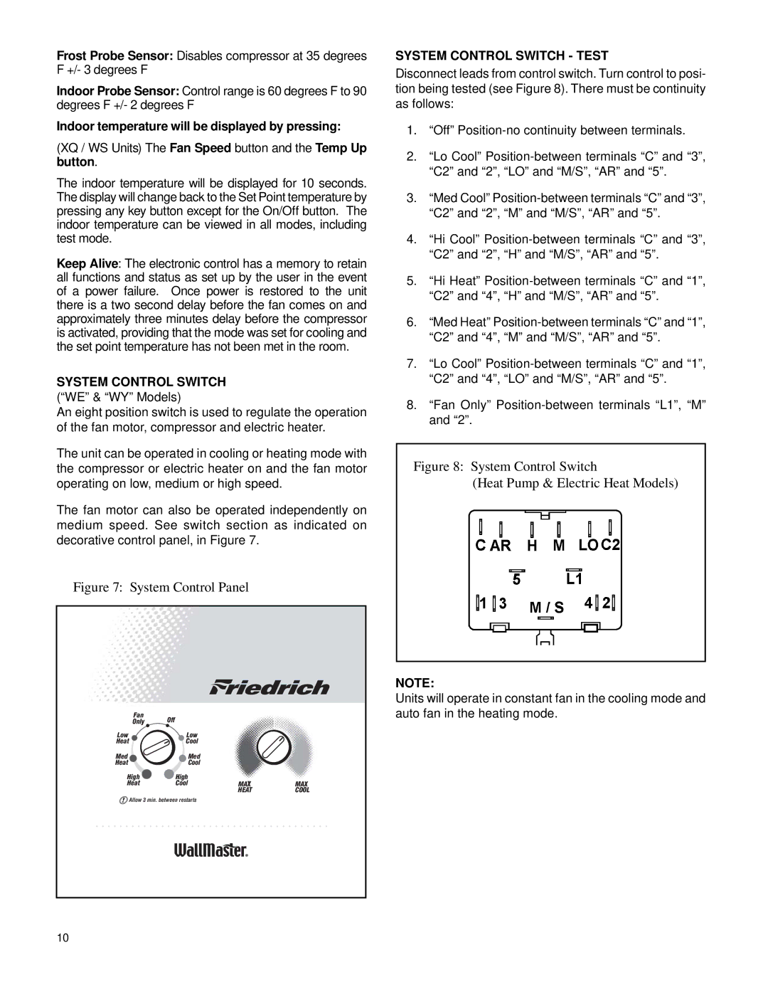 Friedrich WS10B10A-C, WS08B10A-C, WE16B33A-B, WE13B33B-B, WE10B33A-B, WS14B10A-C, WY13B33A-B System Control Switch Test 