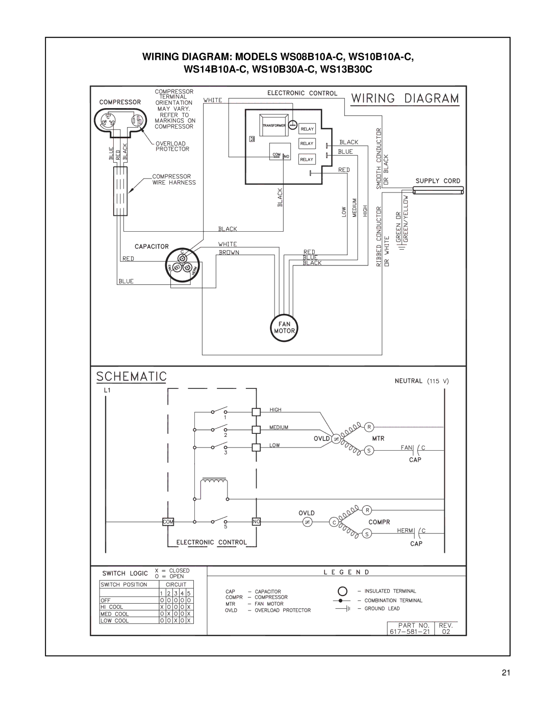 Friedrich WE16B33A-B, WE13B33B-B, WE10B33A-B, WS14B10A-C, WY13B33A-B manual Wiring Diagram Models WS08B10A-C, WS10B10A-C 