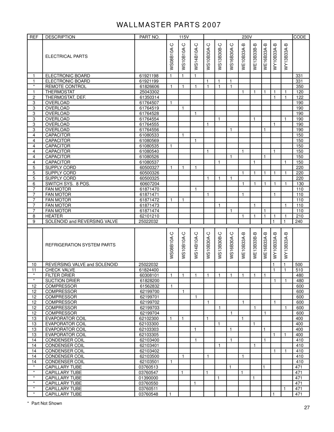 Friedrich WY13B33A-B, WS08B10A-C, WE16B33A-B, WE13B33B-B, WE10B33A-B, WS14B10A-C, WY10B33A-B Wallmaster Parts, Electrical Parts 