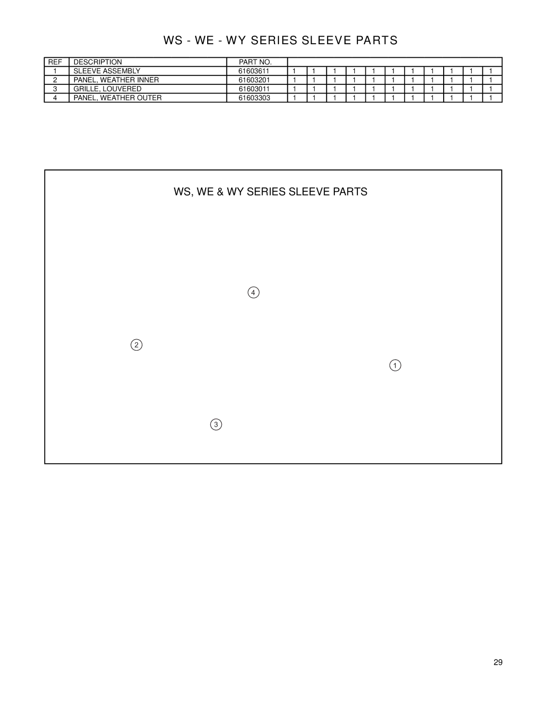 Friedrich WS13B30B-C, WS08B10A-C, WE16B33A-B, WE13B33B-B manual WS WE WY Series Sleeve Parts, WS, WE & WY Series Sleeve Parts 