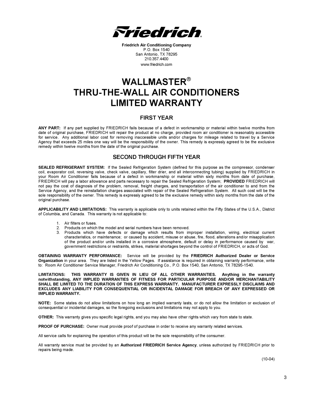 Friedrich WE10B33A-B, WS08B10A-C, WE16B33A-B, WE13B33B-B manual WALLMASTER≤ THRU-THE-WALL AIR Conditioners Limited Warranty 