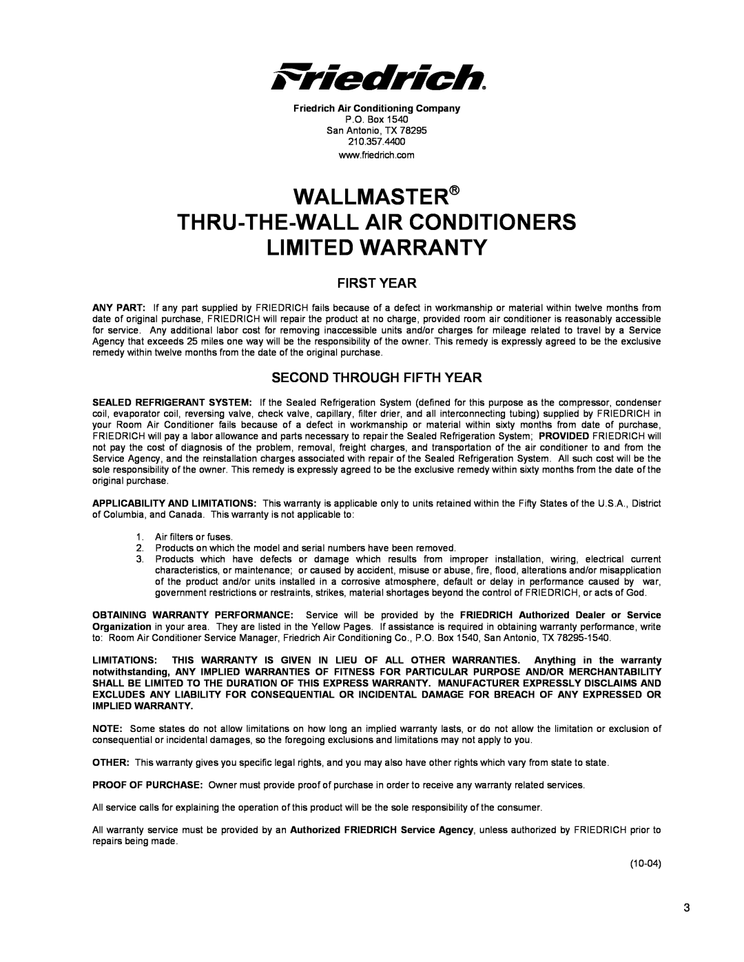 Friedrich WE10B33A-B Wallmaster≤ Thru-The-Wallair Conditioners, Limited Warranty, First Year, Second Through Fifth Year 