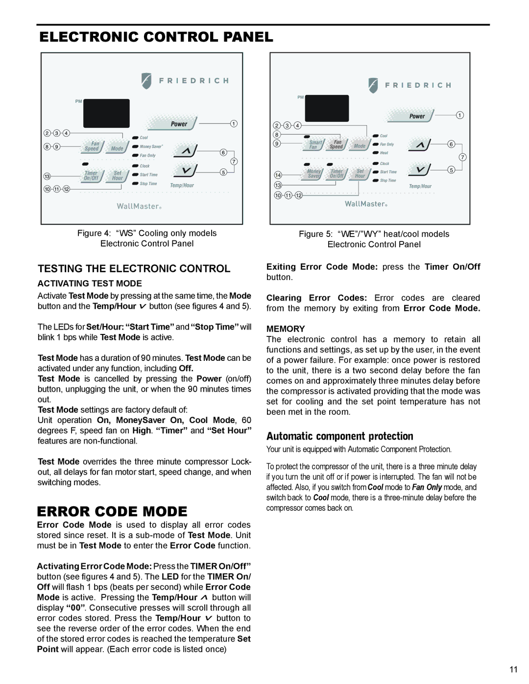 Friedrich WS10B10 service manual Electronic Control Panel, Error Code Mode, Automatic component protection 