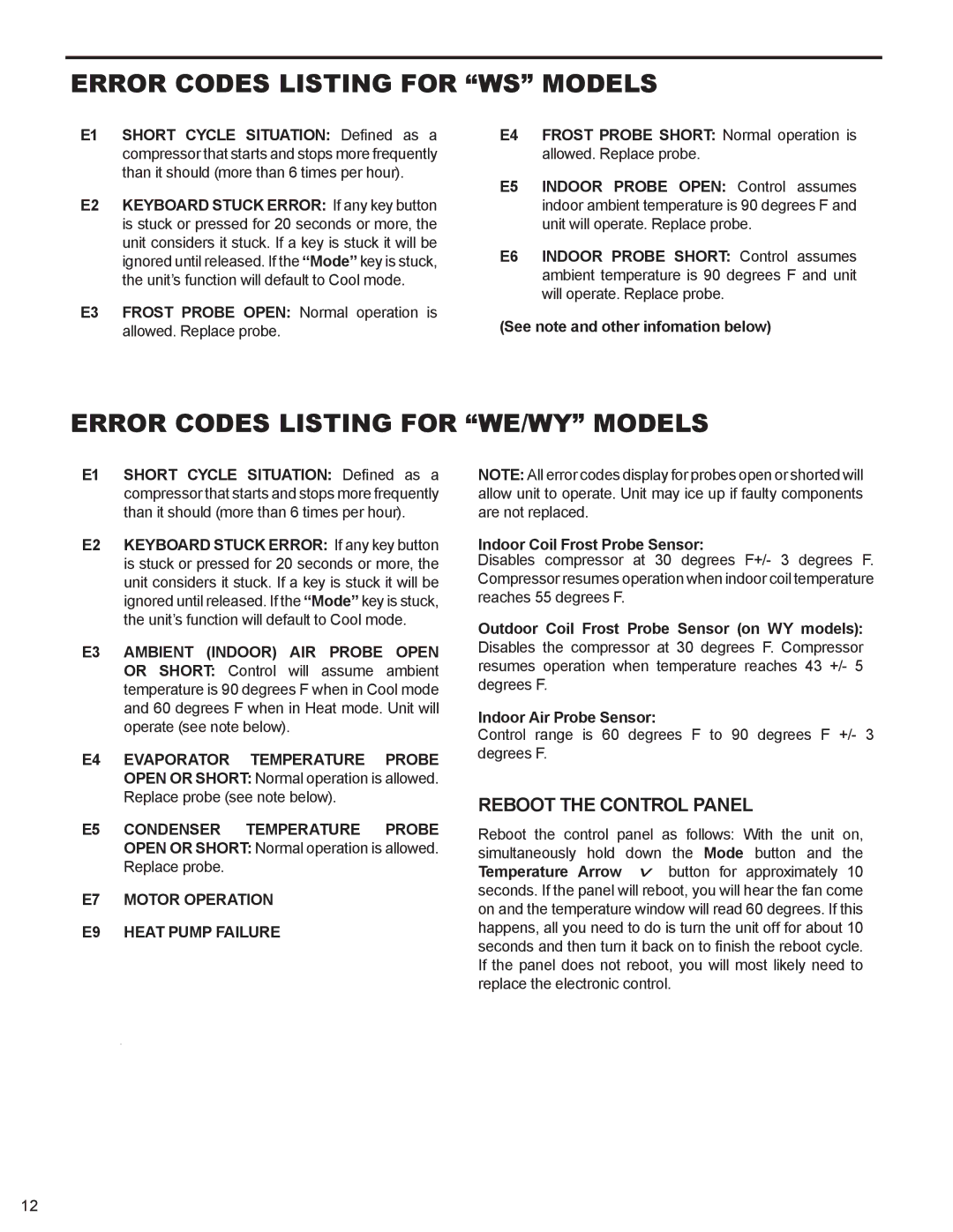 Friedrich WS10B10 Error Codes Listing for WS Models, Error Codes Listing for WE/WY Models, Reboot the Control Panel 