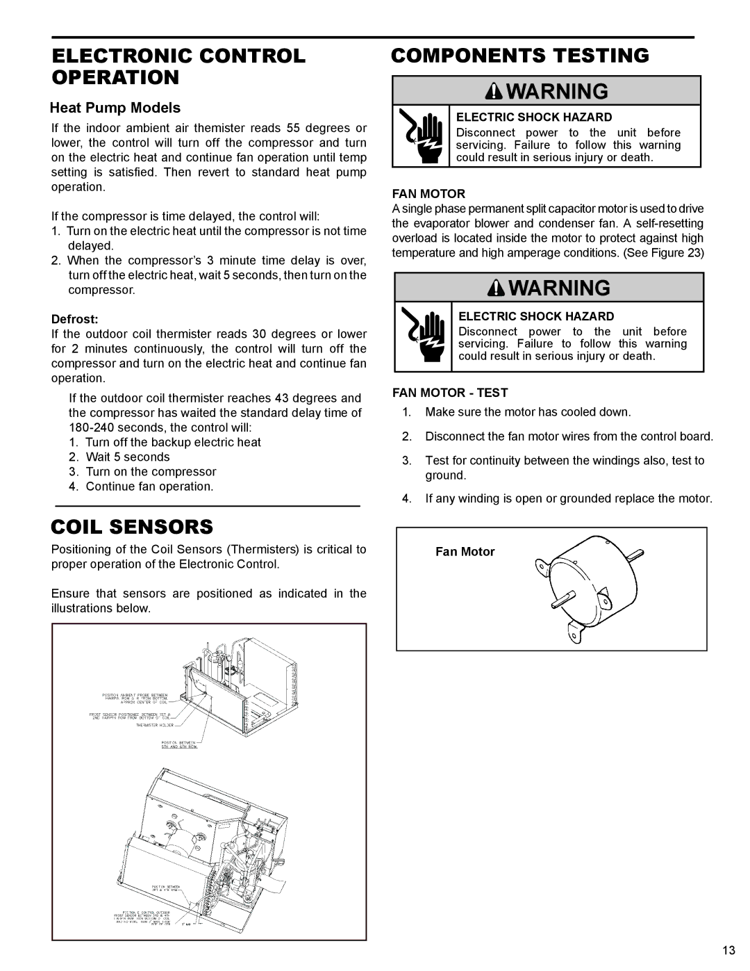 Friedrich WS10B10 service manual Coil Sensors, Components Testing, FAN Motor Test 