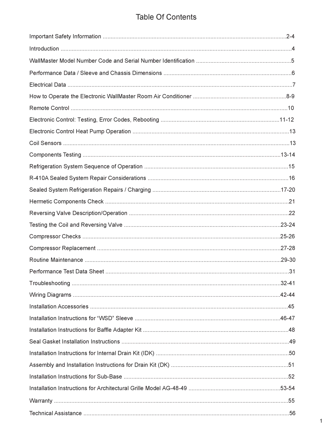 Friedrich WS10B10 service manual Table Of Contents 