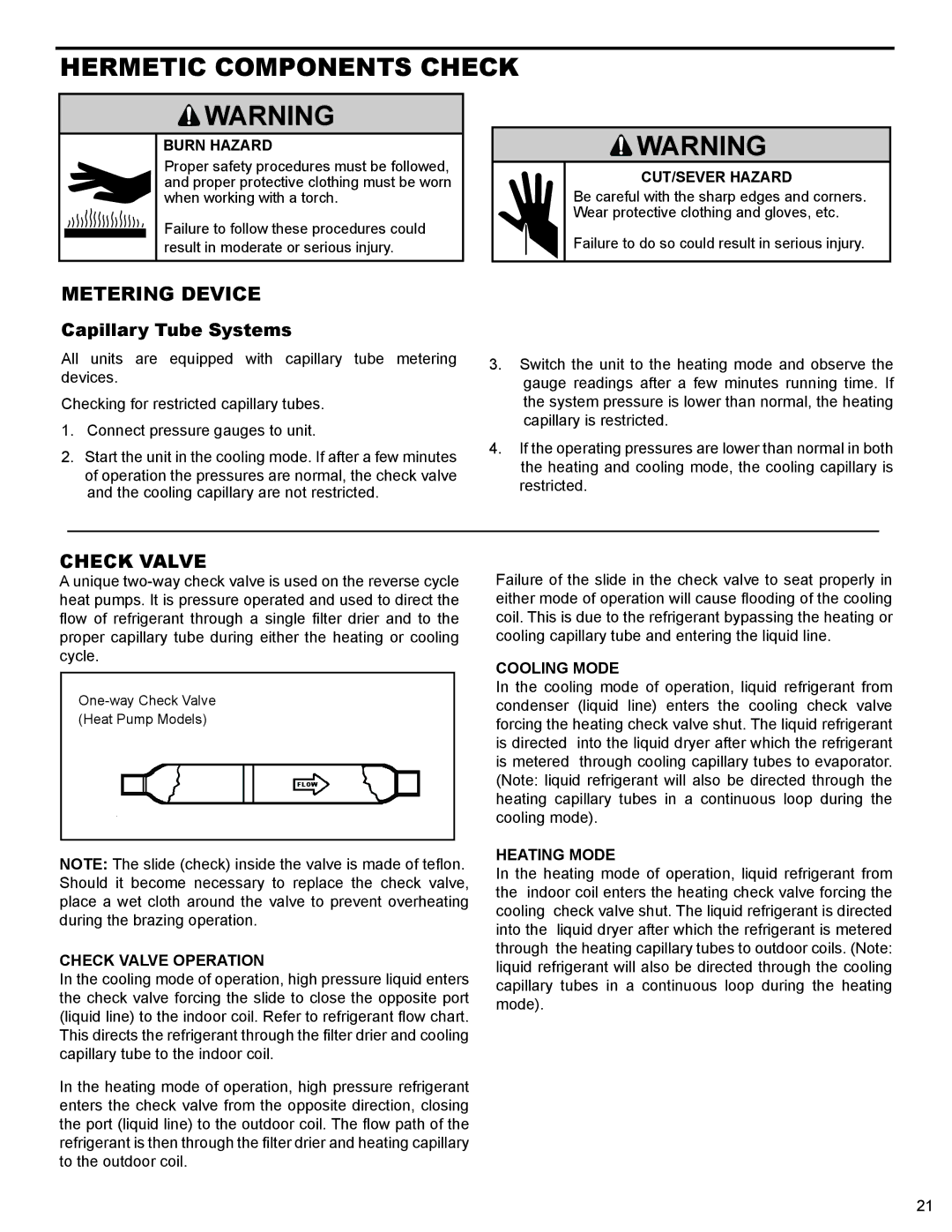 Friedrich WS10B10 service manual Hermetic Components Check, Metering Device, Check Valve, Capillary Tube Systems 