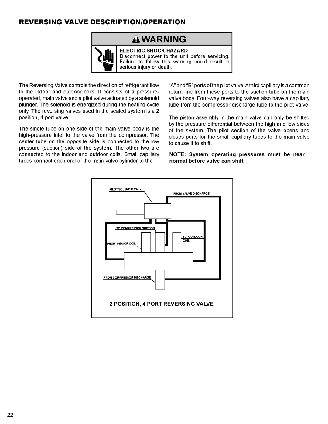 Friedrich WS10B10 service manual Reversing Valve DESCRIPTION/OPERATION, POSITION, 4 Port Reversing Valve 