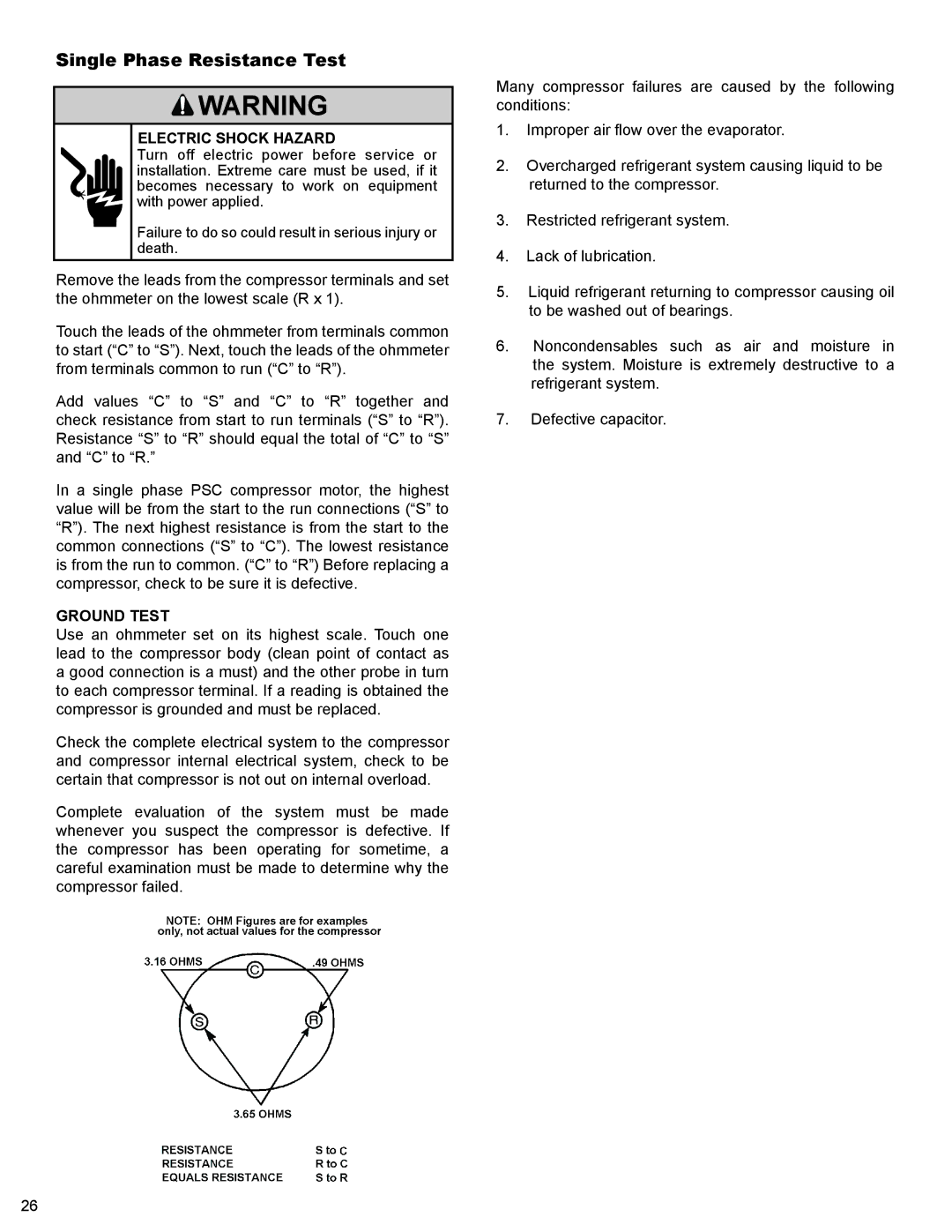 Friedrich WS10B10 service manual Single Phase Resistance Test, Ground Test 