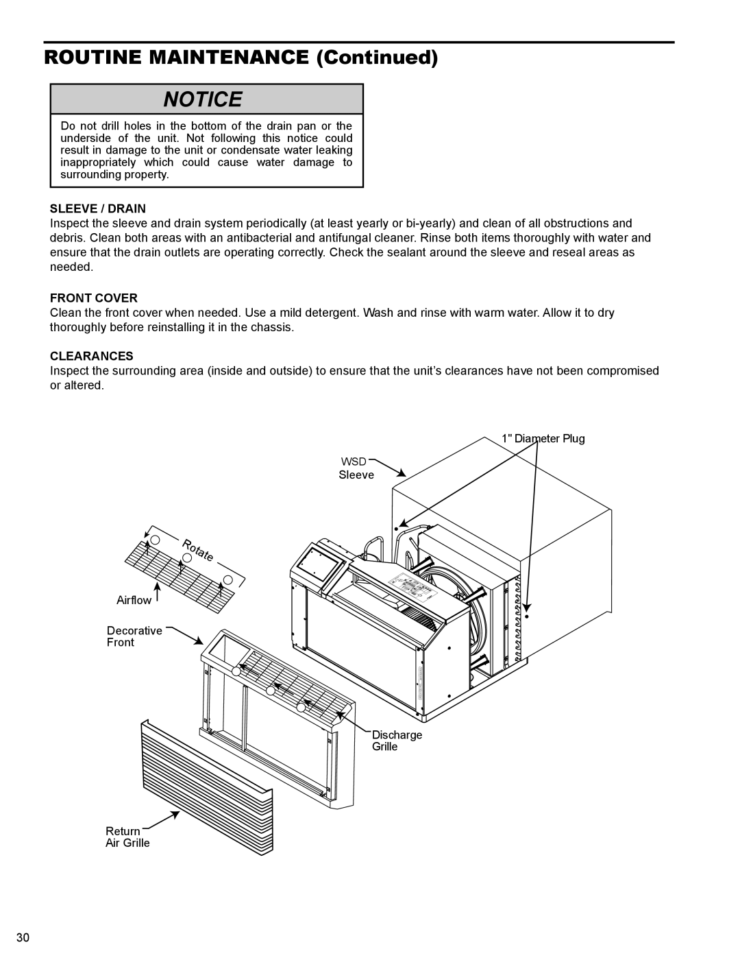 Friedrich WS10B10 service manual Sleeve / Drain, Front Cover, Clearances 