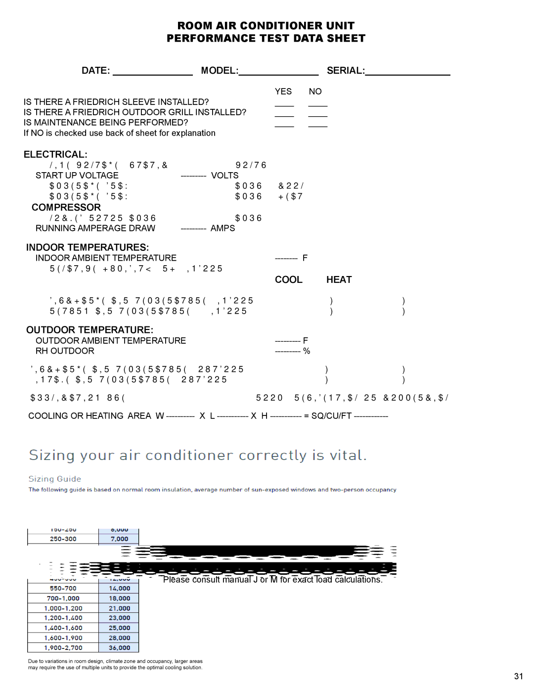 Friedrich WS10B10 service manual Room AIR Conditioner Unit Performance Test Data Sheet, Date Model Serial 