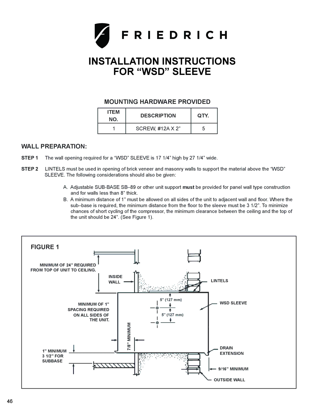 Friedrich WS10B10 service manual Mounting Hardware Provided, Wall Preparation, Description QTY 